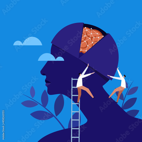 Conceptual illustration of specialists spilt open a human brain to examine the neural networks