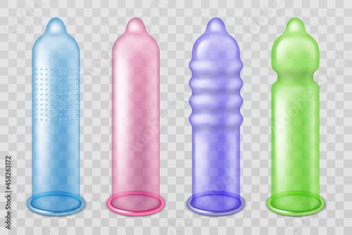 Different types condoms. Realistic items for prevention sexually transmitted diseases and unwanted pregnancy, 3d latex objects various forms and colors, vector isolated set