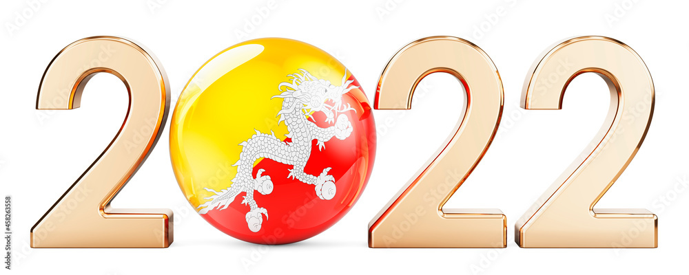 2022 with Bhutanese flag, 3D rendering 2022 with Bhutanese flag, 3D rendering