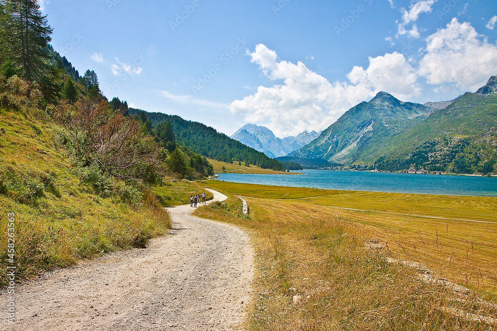 Landscape around Sils Lake, Lake Silvaplana on upper Engadine Valley - Switzerland - Europe - people are not recognizable