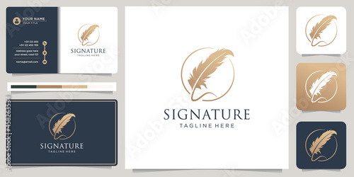Foto Minimalist quill feather pen signature handwriting circle frame logo and business card design