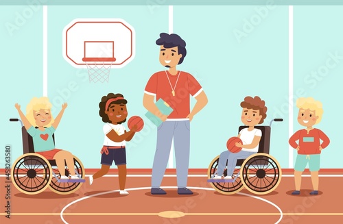 Disabled kid sport. Happy children in gym with coach, fun young wheelchair athletes, mixed sports team, active equal rivals. Students play basketball. Vector cartoon flat isolated concept