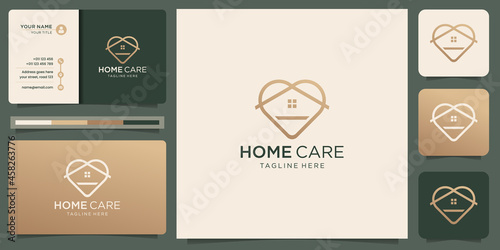 minimalist home logo with creative love linear style design. home care logo inspiration design.