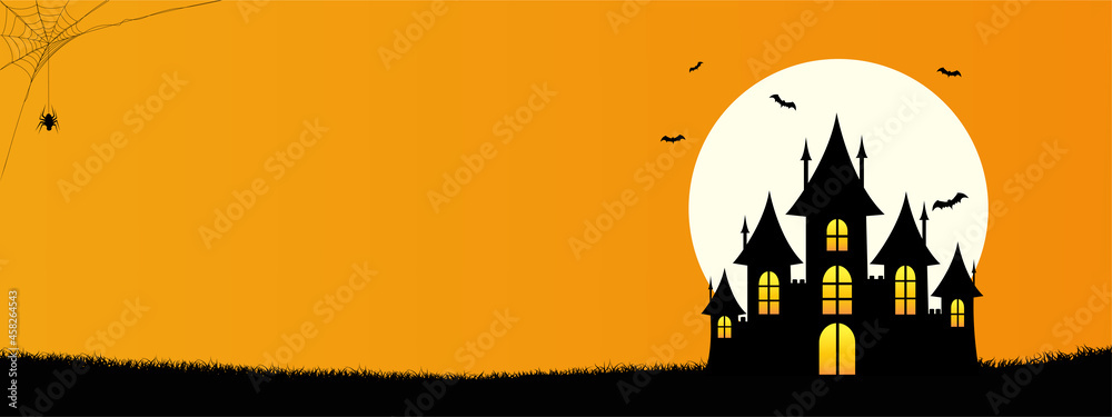 Happy Halloween template banner background with copyspace, Minimalist Design with the Castle, bat, web spider and full moon on Orange color Background