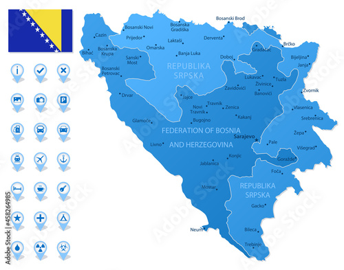 Blue map of Bosnia and Herzegovina administrative divisions with travel infographic icons.