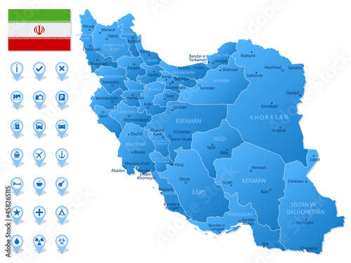 Blue map of Iran administrative divisions with travel infographic icons.