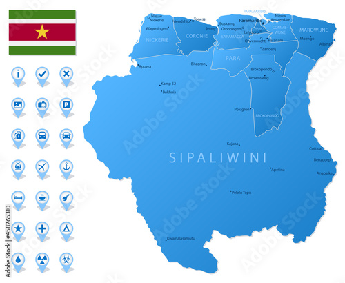 Blue map of Suriname administrative divisions with travel infographic icons. photo