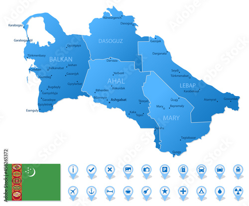 Blue map of Turkmenistan administrative divisions with travel infographic icons.