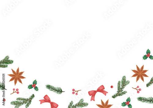 手描き風　クリスマス　モミの葉と木の実のドライフラワーのパターンフレーム