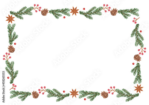 手描き風　クリスマス　モミの木（クリスマスツリー）と木の実のドライフラワーラインフレーム