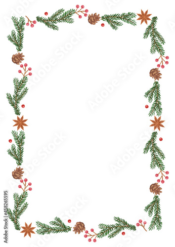 手描き風　クリスマス　モミの木（クリスマスツリー）と木の実のドライフラワーラインフレーム © haraheri