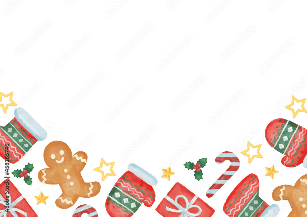 手描き風　クリスマス　手袋と靴下とジンジャーマンのパターンフレーム