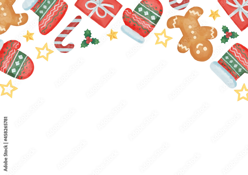 手描き風　クリスマス　手袋と靴下とジンジャーマンのパターンフレーム