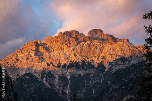 Mountain peak of the Monte Rudo or Rautkofel of the Mountain Range of the Rondoi-Baranci at sunset  seen from the Landro valley  Val di Landro   Dolomiti Di Sesto Natural Park  Trentino  Italy  Europe