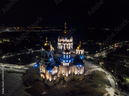 Ascension Cathedral in Novocherkassk in winter night, aerial view from drone photo