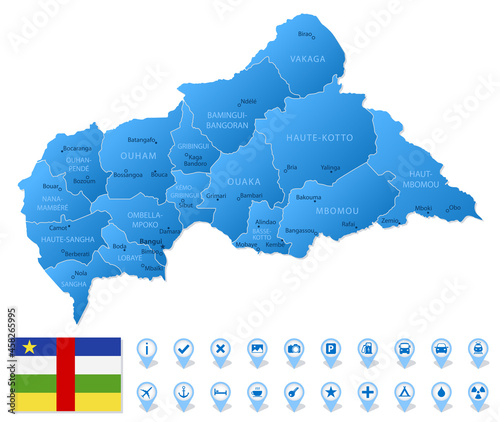 Blue map of Central African Republic administrative divisions with travel infographic icons.