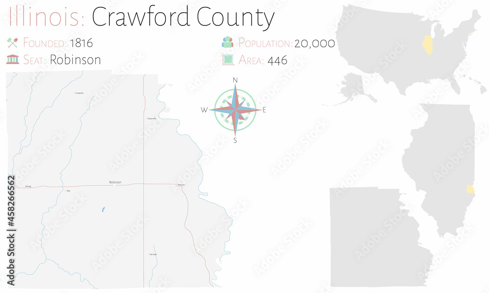 Fototapeta premium Large and detailed map of Crawford county in Illinois, USA.