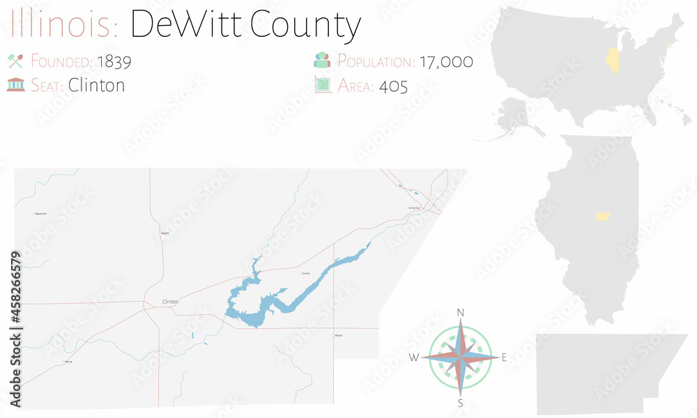 Large and detailed map of DeWitt county in Illinois, USA.