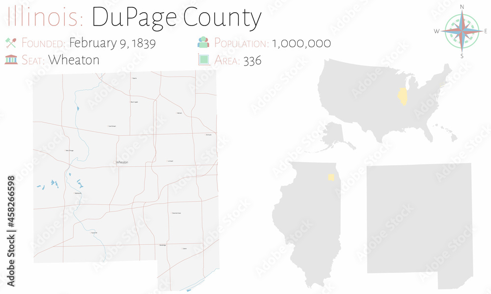 Large and detailed map of DuPage county in Illinois, USA.