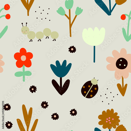 Cute seamless pattern with caterpillar,flowers, ladybug and dots. Good for kids fabric, fashion textile, nursery wallpaper. Stylish minimalistic abstract pattern.