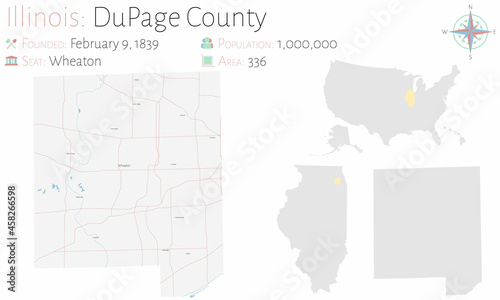 Large and detailed map of DuPage county in Illinois, USA. photo