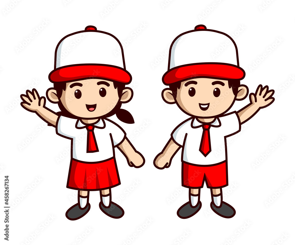 Cute school girl and boy cartoon character. Indonesian student couple say hello vector illustration isolated on white background. Cute school girl and boy cartoon character. Indonesian student couple say hello vector illustration isolated on white background.