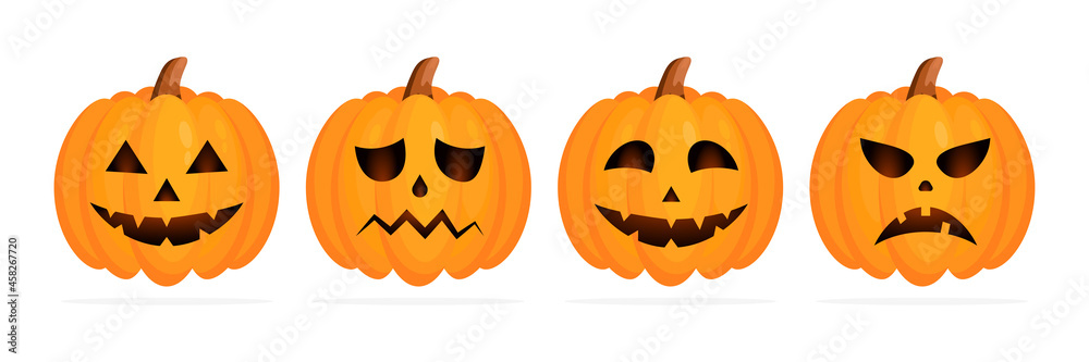 Fototapeta premium Set Halloween pumpkin with different face emotions. Cute pumpkins collection for autumn holiday. Vector isolated on white 