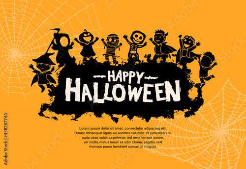 Halloween vector design with monsters silhouette on orange background for poster, invitation, banner and celebration event