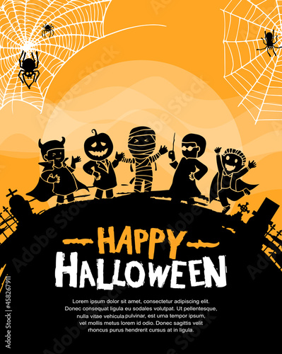 Halloween vector design with monster silhouette on orange background for poster, invitation, banner and celebration event