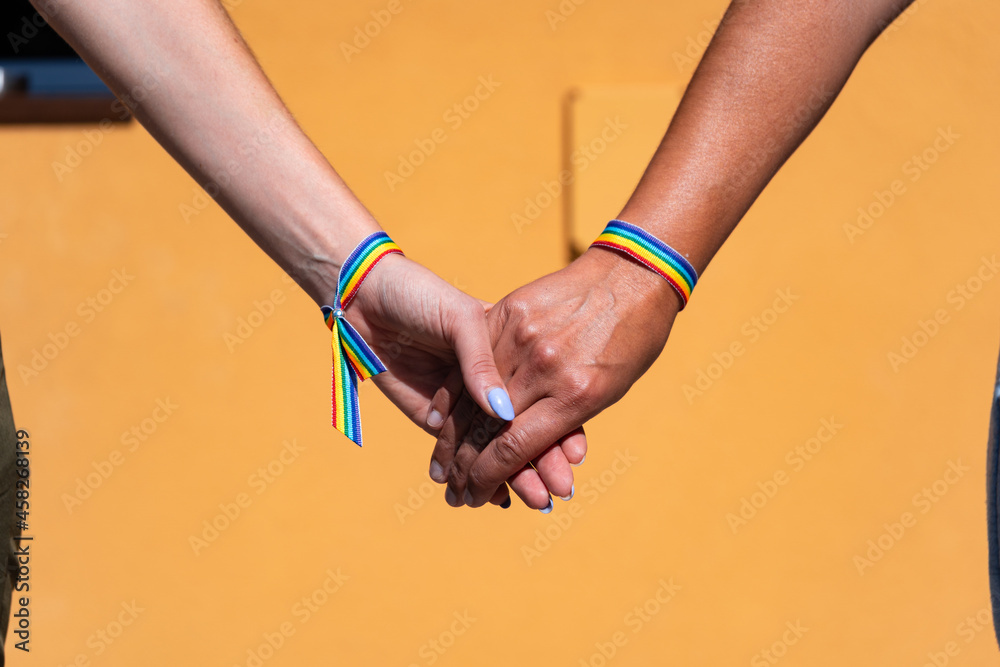 A lesbian couple holding hands