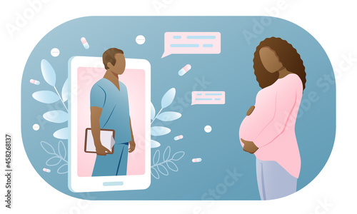 A doctor and a pregnant African-American woman, a consultation on a mobile phone.
