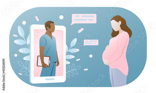 A doctor and a pregnant woman, a consultation on a mobile phone.