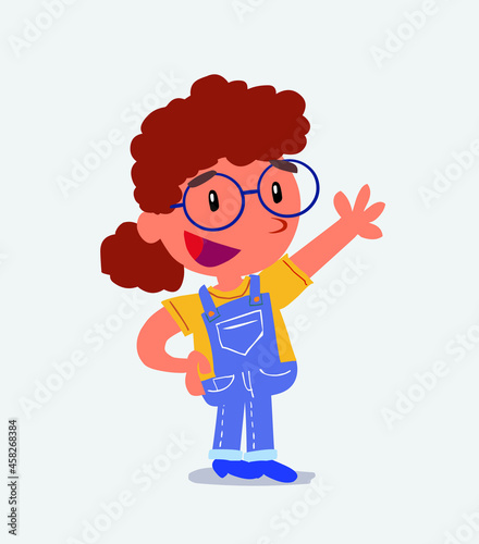 cartoon character of little girl on jeans explaining something while pointing.