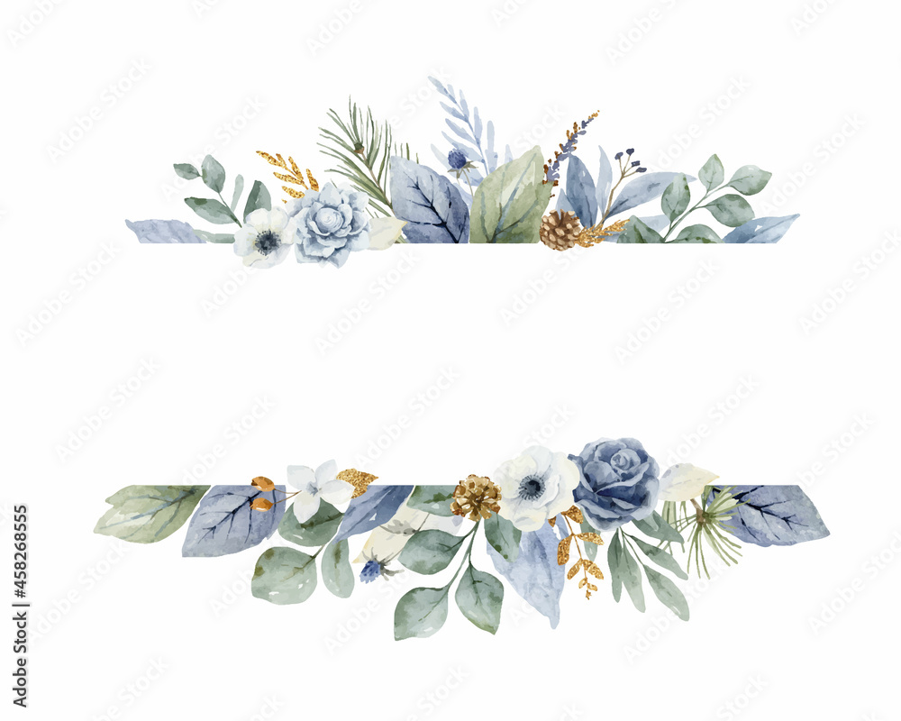 A watercolor vector Christmas banner with dusty blue flowers and branches. - obrazy, fototapety, plakaty 