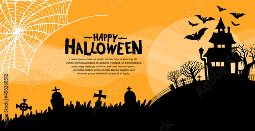 Halloween vector design with spooky house and graveyard silhouette on orange background for poster, invitation, banner and celebration event