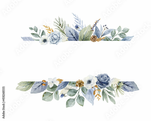 A watercolor vector Christmas banner with dusty blue flowers and branches Fototapete