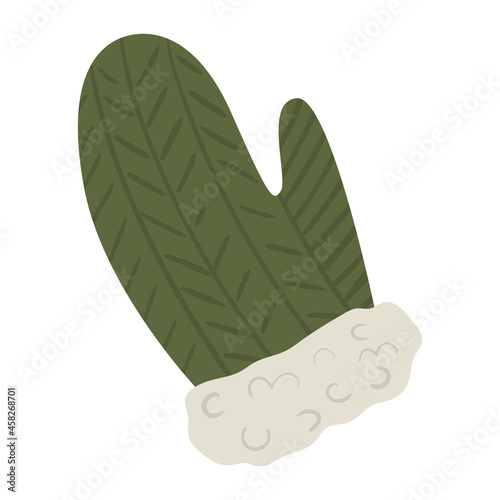 Hand drawn knitted mitten with white fur. Warm winter clothes. Wool hands accessoty for cold weather. Vector illustration photo