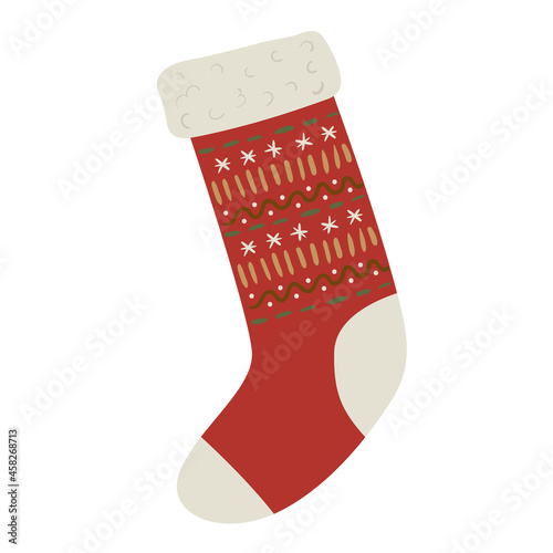Traditional christmas sock with ornament for gifts. Winter holiday fireplace decoration in hand drawn style. Vector illustration