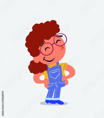 Satisfied cartoon character of little girl on jeans.