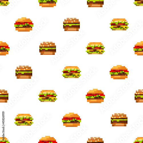 Pixel art fastfood set seamless pattern in style of eight-bit game. Texture for fabric, wrapping, wallpaper. Decorative print. Vector illustration