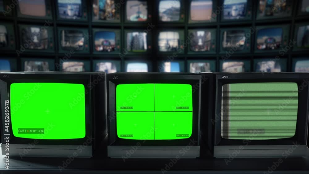 CCTV Monitors Green Screen Security System Cameras In Control Room