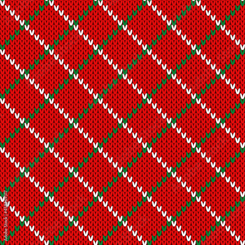 Knitted red Christmas background. Seamless pattern. Texture for fabric, wrapping, wallpaper. Decorative print.