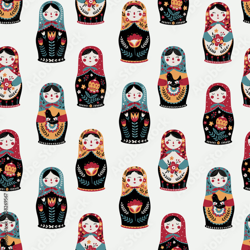 Seamless pattern with colorful Russian dolls. Matryoshka background.