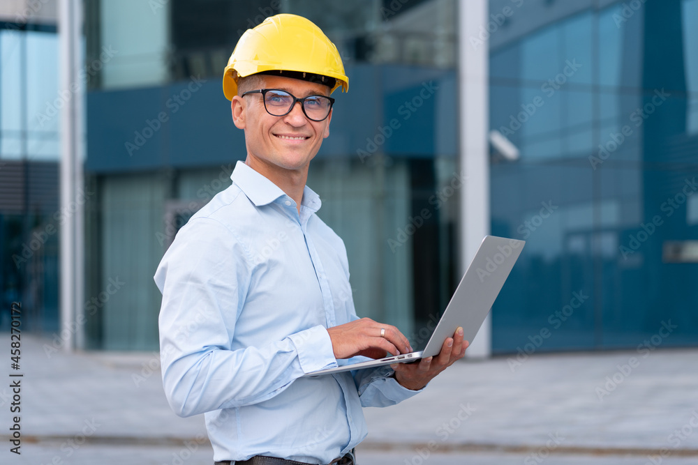 Business, Architect Using Laptop Outdoors Office Building Background Business, Architect Using Laptop Outdoors Office Building Background