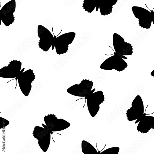 Seamless pattern with black butterflies on white background. Hand drawn vector illustration. Black and white texture for print, textile, fabric, packaging