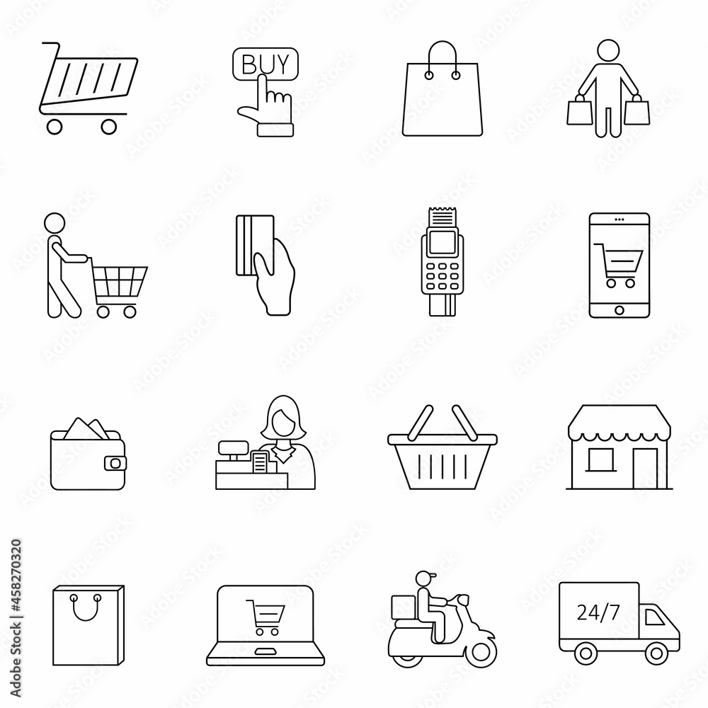 People shopping, line icon set. Selection, payment and delivery of goods. Web design, mobile app. Vector illustration. Eps10 People shopping, line icon set. Selection, payment and delivery of goods. Web design, mobile app. Vector illustration. Eps10