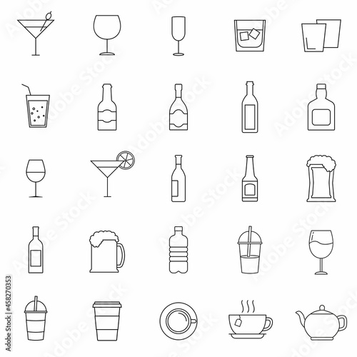 Cocktail and glasses vector icons set. Beverage sign. Web design, mobile app. Vector illustration. Eps10