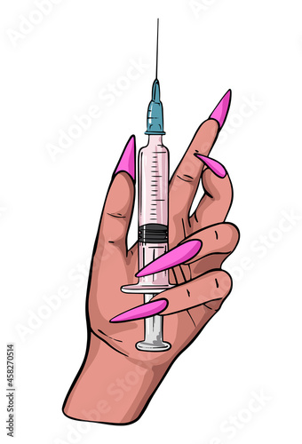 Hand with syringe beauty injection plastic surgery procedure illustration