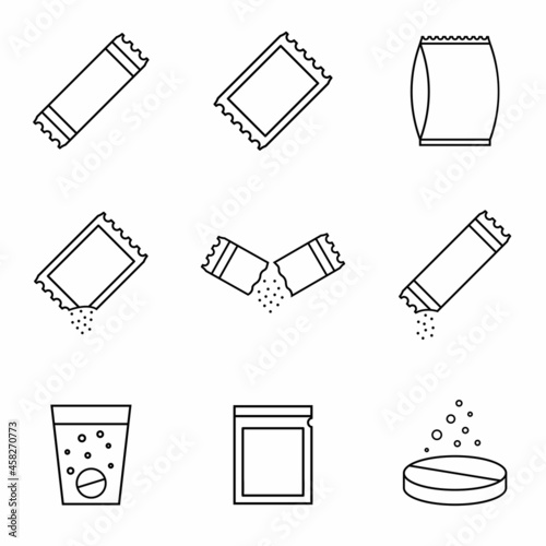 Set of sachet line icons on white background. Icons of sugar powder packet, soluble pill, effervescent effect outline pictogram for medicine. Signs and symbol for websites, web design, mobile app.
