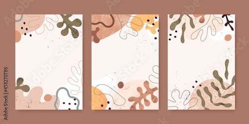 Set of modern backgrounds with abstract organic shapes and leaf. Card designs...